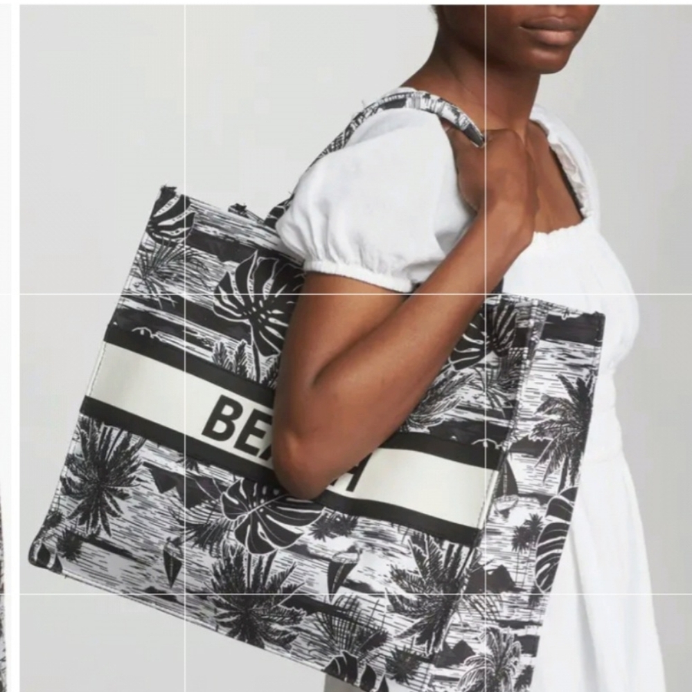 London Fog Beach Canvas Tote Bag - XL Black & White Tropical Palm BNWT RETIRED